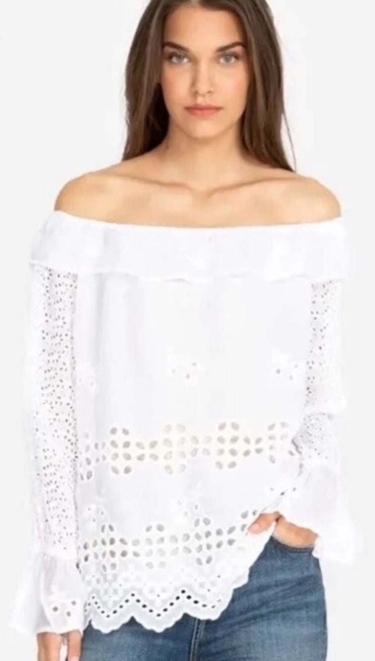 Johnny Was Lilith White Off-Shoulder Eyelet Lace Peasant Tunic